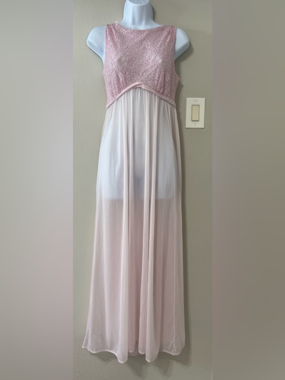 Vintage Sheer Pink Lace Nightgown Open Back Romantic Cottagecore Maxi Dress